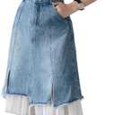 kakarin choyx Women's High Waist Vintage Denim Skirt A-Line Lace Double Layer Splicing Y2K Casual Fashion Jean Midi Skirt, Size: L, Blue