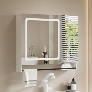 ChooChoo Bathroom Medicine Cabinet with Mirror, Modern Mirror Cabinet with LED Lights, Bathroom Wall Cabinet with Adjustable Shleves, Towel Bar, White