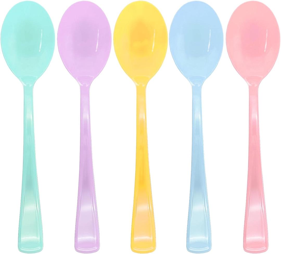 50 Pcs Pastel Plastic Spoon Heavy Duty 5 Macaron Colors Includes Pink, Blue, Yellow, Teal, Purple, Iridescent Silverware Pastel Disposable Silverware for Birthday, Garden Party, Baby Shower,Easter