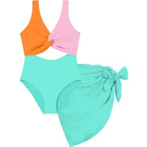 Funnycokid Girls One Piece Swimsuit Color Block Teen Bathing Suit with Pad Cover Up Skirt(7-16Y)