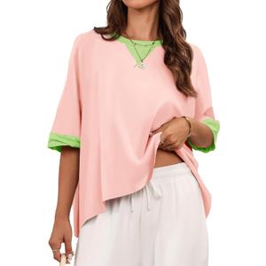 Tankaneo Womens Oversized Color Block T-Shirts Summer Casual Short Sleeve High Low Tops Flowy Loose Fit Crew Neck Shirts (Small, Pink)