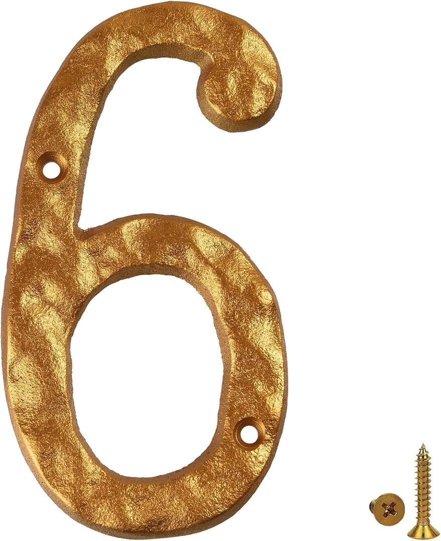 HILAZA House Number 6 for Outside, 5.5 Inch Cast Iron Metal Home House Address Numbers, Golden