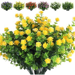 RECUTMS 8 Branches Artificial Flowers Faux Plants, Lifelike UV Resistant Fake Eucalyptus Plants for Garden, Patio Yard, Wedding, Office and Farmhouse Indoor Outdoor Decor (Yellow)