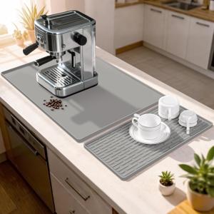 Rnivvi Silicone Coffee Mat Set, 16" x 24" Waterproof Raised Edge Coffee Bar Mats for Espresso Machine Station Accessories, Heat Resistant Detachable Dish Drying Pad for Kitchen Counter, Gray