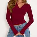 BTFBM Long Sleeve Shirts for Women 2025 Fall Fashion V Neck Knit Ruched Slim Fit Casual Basic Tees Going Out Tops Y2k(Burgundy, Small) (Red, S)