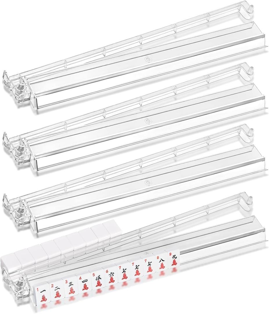 Mahjong Racks with Pushers, 4PCS Set Clear Acrylic mah Jong All-in-One Tile Rack & Pusher,Modern American Majiang Accessories Gifts (White), 18.5 x 3.15 x 1 inches