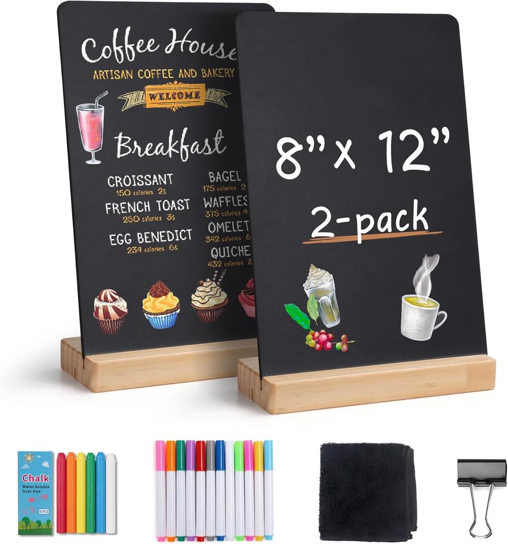 SELEAD Small Chalkboard Words Sign - 2 Pack 8x12 Inch Tabletop Decorative Chalk Board with Wooden Stand, Double-Sided Erasable Message Menu Board for Food, Store, Business, Wedding