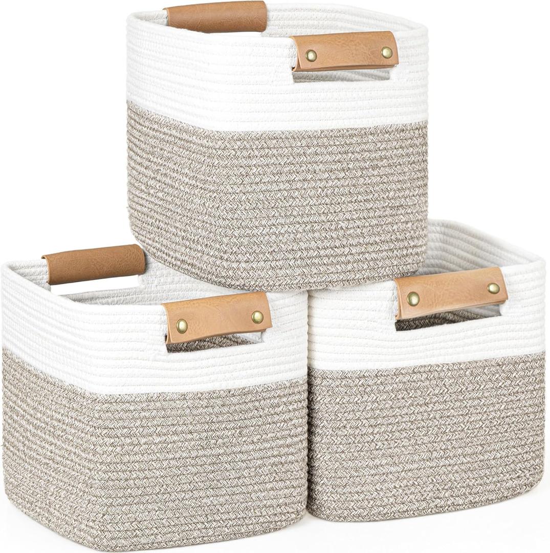 danpinera 11 Inch Storage Baskets, Woven Baskets for Organizing, 3 Pack Storage Cubes for Shelves, Closet, Nursery with Removable Leather Handles, White & Mixed Brown