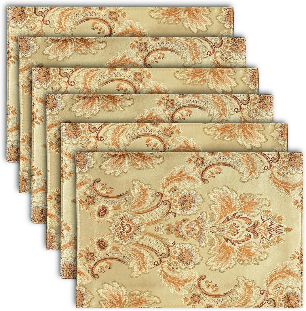 Luxury Dinner Table Runner and Placemats Set of 6, Gold Farmhouse Boho Fabric Cloth Place Mats, Perfect for Dining Room Decor, Washable Indoor Decoration((Gold, 6 Piece 13×18 Placements)