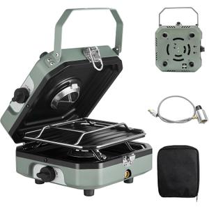 2 Burner Propane Camping Stove with Grill, 16000 BTU Portable Propane Camp Stove with 2 Adjustable Burners & Piezo Ignition, for Camping, Home Backyard, Frying Turkey, Green