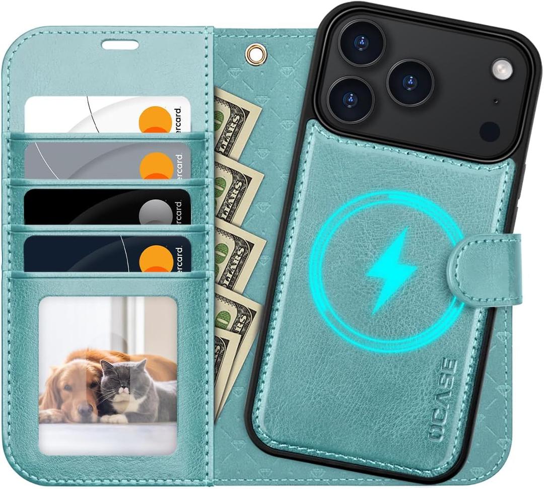 OCASE for iPhone 17 Pro Max Detachable Wallet Case with Card Holder, 2 in 1 PU Leather Flip Folio with RFID Blocking Stand Wrist Strap Shockproof Phone Cover 6.9 Inch 2025, Ice Blue