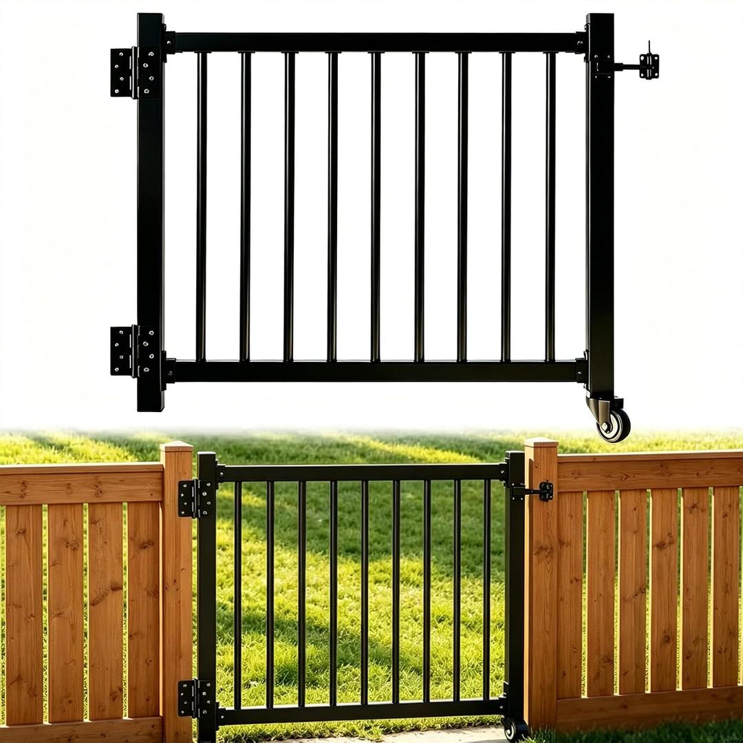4FT Wide Galvanized Steel Deck Gate Kit Fits 36" H Railings, Cut-to-Fit Black Textured Finish Outdoor Gate with Latch & Hinges for Deck, Patio, Garden, Courtyard, Porch