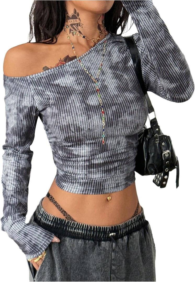 SweatyRocks Women's Off The Shoulder Crop Top Long Sleeve Y2K Ruched Shirt Sexy Going Out Tops (Gray, M)