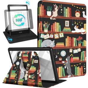 Kidcube for Kindle Paperwhite 11th Generation Case 6.8 Inch 2021/Paperwhite Signature Edition Case Women Girls Kids Boys Cute Cat Library Design Rotating Stand Cartoon Folio Cover with Auto Wake/Sleep