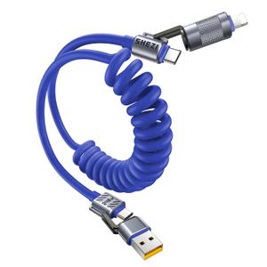 4-in-1 Coiled USB C Cable for Car 5FT [240W Fast Charging] Compatible with Lightning Cable [CarPlay & Android Auto] Multi Charger Cord Combo with L/Type C/USB A Ports for iPhone/iPad (Blue)