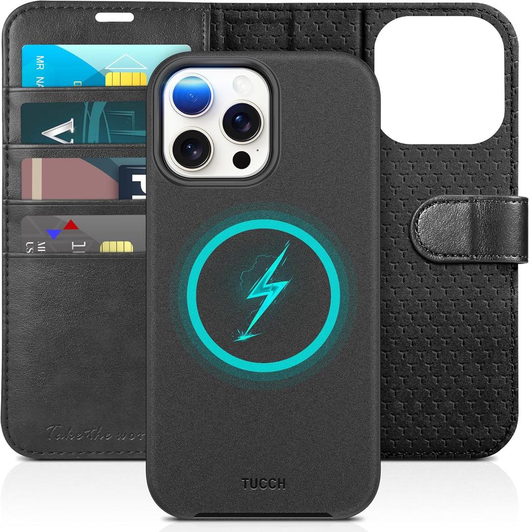 TUCCH Wallet Case for iPhone 15 Pro Max, [Removable] 2-in-1 Stand RFID Blocking 4 Card Slot [Wireless Charging] Protective Case, PU Leather Detachable Folio Compatible with iPhone 15 Pro Max, Black