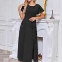 Women's Modest Formal Dresses with Knee Length Side Slit A Line Ruffle Maxi Evening Gowns Short Sleeve for Wedding Guests (Black, M)