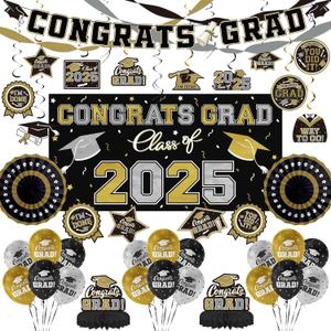 Black and Gold Themed 2025 Graduation Decorations Set - Congrats Grad Banner, Class of 2025 Backdrop, Balloons & Streamers Kit - Graduation Party Supplies for High School & College Celebrations