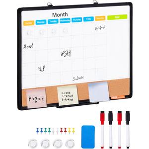 VEVOR 24"x 18" Monthly Calendar Whiteboard & Cork Board Combo with Aluminum Frame  2-in-1 Magnetic Dry Erase Bulletin Board for Wall Mount  Ideal for School, Home, Office