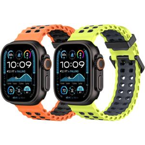 MoKo 2Pack Breathable Ocean Strap Compatible with Apple Watch Ultra 3/2/1 49mm,S11/S10 46mm,9/8/7 45mm,SE3/SE2/SE/6/5/4 44mm,3/2/1 42mm, Bicolor Silicone Sport Strap for Men Women (Orange Black+Lime Gray)