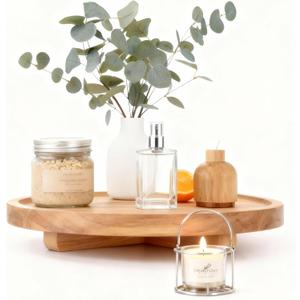 10 Inch Round Solid Wood Decorative Tray Wooden Riser for Bathroom Counter & Kitchen, Rustic Farmhouse Vanity Organizer for Soap, Candle, Perfume, Gift