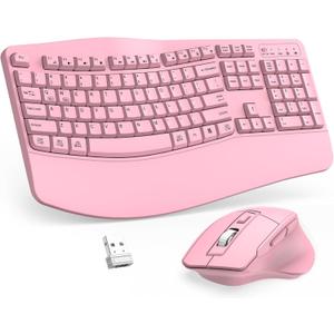 Wireless Keyboard and Mouse Combo, 2.4G Full Size Wave Keys Ergonomic Keyboard with Wrist Rest and 3-Level DPI Adjustable Wireless Ergonomic Mouse for Windows, Mac OS Desktop/Laptop/PC(Pink)