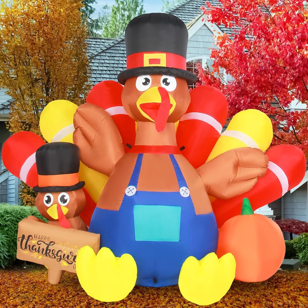7.5FT Long Thanksgiving Inflatable Turkey Decoration Giant Blow Up Turkey Inflatables Outdoor Yard Decorations with Built-in LED Light Happy Fall Family Holiday Indoor Outside Lawn Decor