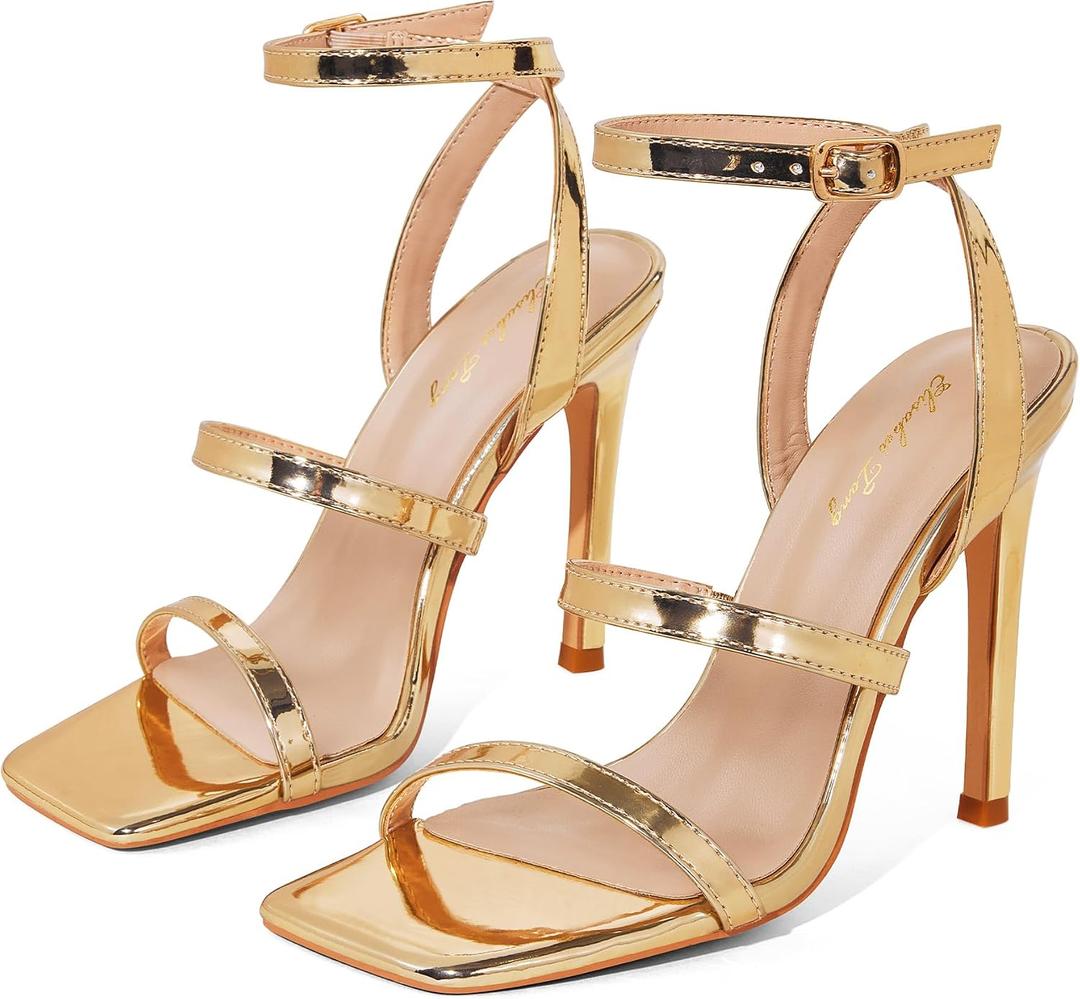 Elisabet Tang Womens Crystal Stilettos Heeled Sandals, 4 Inch Square Open Toe Strappy Sexy High Heels Ankle Strap Buckle Heels for Party Wedding Dress Daily Wear Shoes