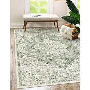 LIVEBOX Washable Area Rug 5x7 - Large Vintage Tribal Living Room Rug Vintage Non-Slip Indoor Rugs for Bedroom, Low-Pile Retro Carpet Print Distressed Accent Rugs for Nursery Entryway Office, Sage