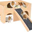 Wooden Guinea Pig Hideout, Multi-Cave Design Small Animal House, Guinea Pig Castle with Non-Slip Stairs and Double-Sided Mat
