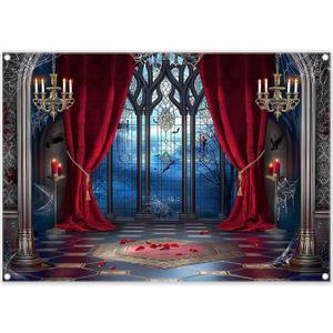 7x5ft Fabric Halloween Vampire Medieval Castle Backdrop Gothic Window Red Curtain Bats Photography Background Haunted House Party Decor Photo Props