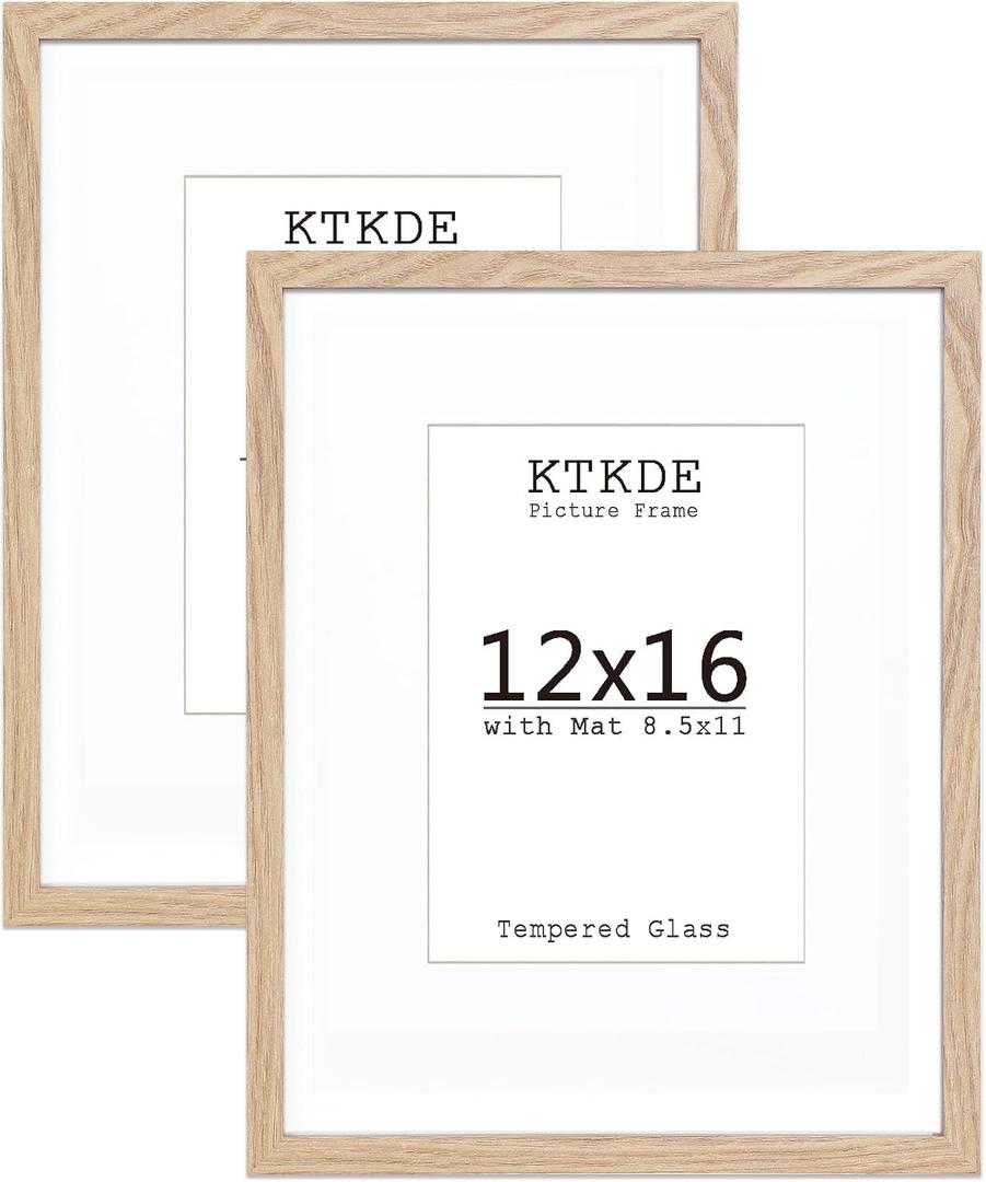 KTKDE 12x16 Picture frame Set of 2,Nature Wooden frame 8.5x11 mat or 12x16 Without Mat -Tempered Glass,11by14 Poster frame for Wall Studio Gallery Photo Frames for home Friends Wedding best gift (2pcs-Natural Woodgrain)