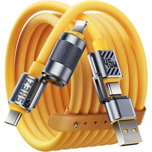 4 in 1 USB C Cable 45W 5FT Fast Charging & Data Transfer, Thicker Silicone Multi Charger Cord for iPhone iPad Charger Wire Combo with L/Type C/USB A for iPhone 16/15/Macbook (Yellow)