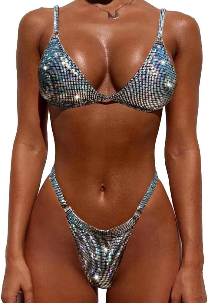 YAUASOPA Women Shiny Bikini Micro Sexy String Two Pieces Swimsuit Female Thong Swimwear (Small, Black)