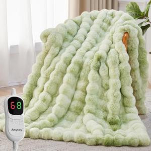 Heated Blanket Throw with 1/2/4/6/8 Hours Auto-Off 10 Heat Level, 72'' * 84'' Cozy Faux Rabbit Fur Bubble Electric Blanket with Overheat Protection(Tie-Dye Green)