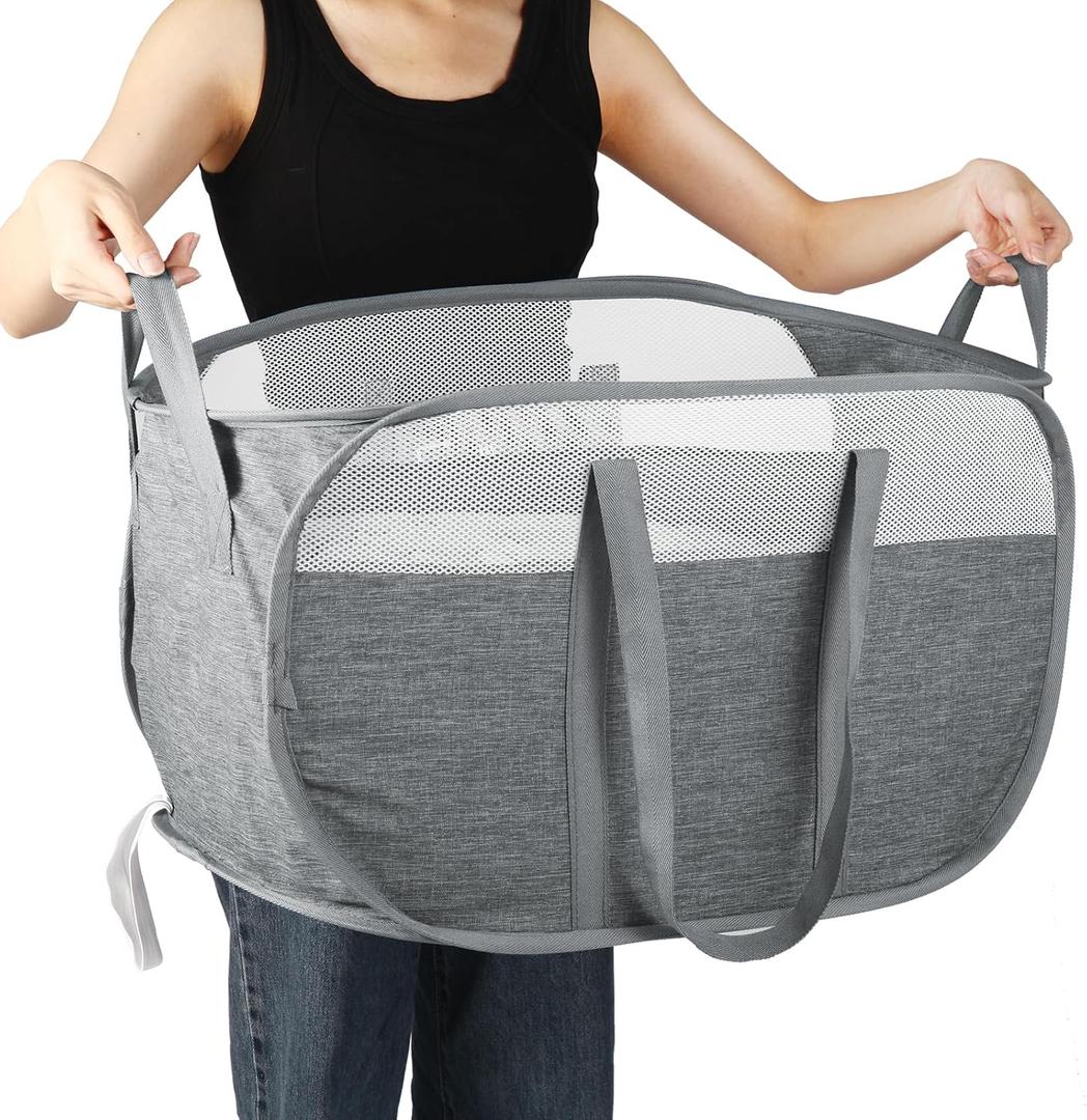 Collapsible Laundry Baskets, Tear Proof Pop Up Laundry Hamper with Dual Handles, Durable Foldable Laundry Basket, Easy to Carry Laundry Hamper for Home, Laundry Room, Bedroom, Dorm, Travel Grey (Gray)