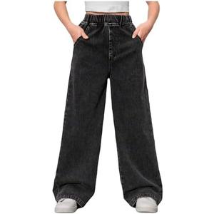 GORGLITTER Girl's High Elastic Wasited Jeans Baggy Wide Leg Denim Pants Cute Straight Y2K Loose Fit Denim Trousers Streetwear, 9Y