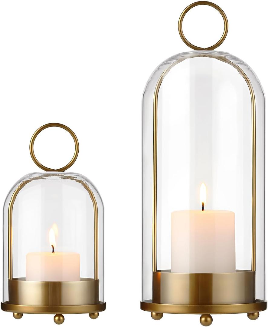 5"&4" Hurricane Glass Candle Holders - Glass & Brass Metal Candle Holder for Pillar Candles, Decorative Table Coffee Table Decor, Gold Hurricane Candle Lanterns Cloche for Anthropology Fall Decor