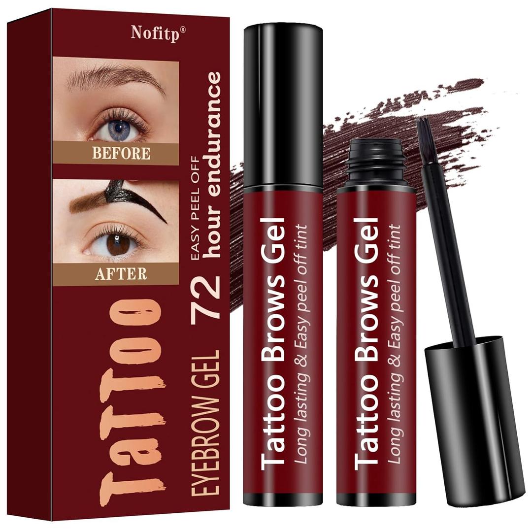 Easy Peel Off Tattoo Eyebrow Gel,Natural Dark Brown Eyebrow Tint, Last Up to 3 Days Waterproof, Transfer-Proof & Sweatproof Formula for All Skin Types-2PCS