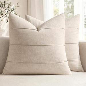 MIULEE Decorative Linen Throw Pillow Covers 20x20 Natural Beige Striped | Set of 2 Accent Cushion Covers Boho Farmhouse Neutral Soft Modern Pliiowcases Couch Bed Sofa Livingroom Home Decor