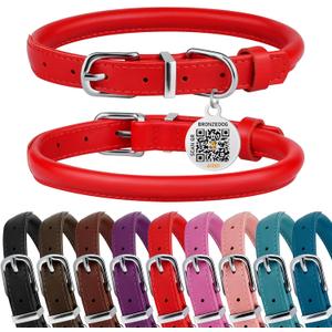 BRONZEDOG Rolled Leather Dog Collar for Small Medium Large Dogs with QR ID Tag (S: 12-14 Inch, Scarlet Red)