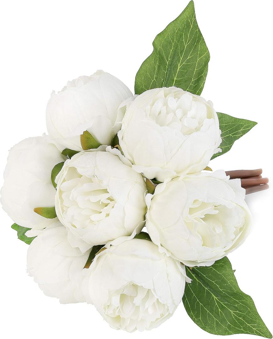 Artificial Fake Flowers Peony 7 Flower Heads Silk Flower Arrangements Wedding Bouquets Decorations Plastic Floral Table Centerpieces Home Kitchen Garden Party Decor (White)