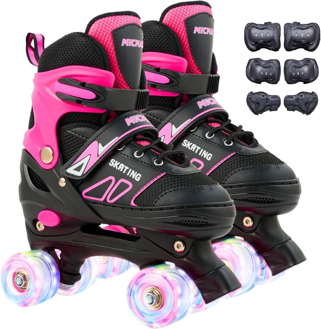 Kids Roller Skates with 6 Protection Pads, Adjustable Size Roller Skates for Kids Beginner, Toddlers Roller Skate with 8 Light Up Wheels,Outdoor Roller Skates for Boys and Girls Ages 3-12 (Large, PINK)