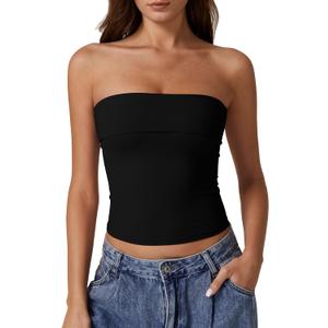 QINSEN Women's Tube Tops Strapless Bandeau Tops Double Lined Slim Fit Summer Going Out Tank Tops (Black)