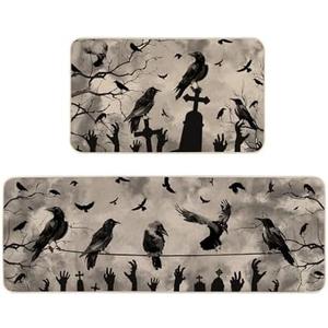Moutina Gothic Crows Halloween Kitchen Rugs Set of 2, Halloween Holiday Party Home Decor Low-Profile Kitchen Mats for Floor - 17x29 and 17x47 Inch