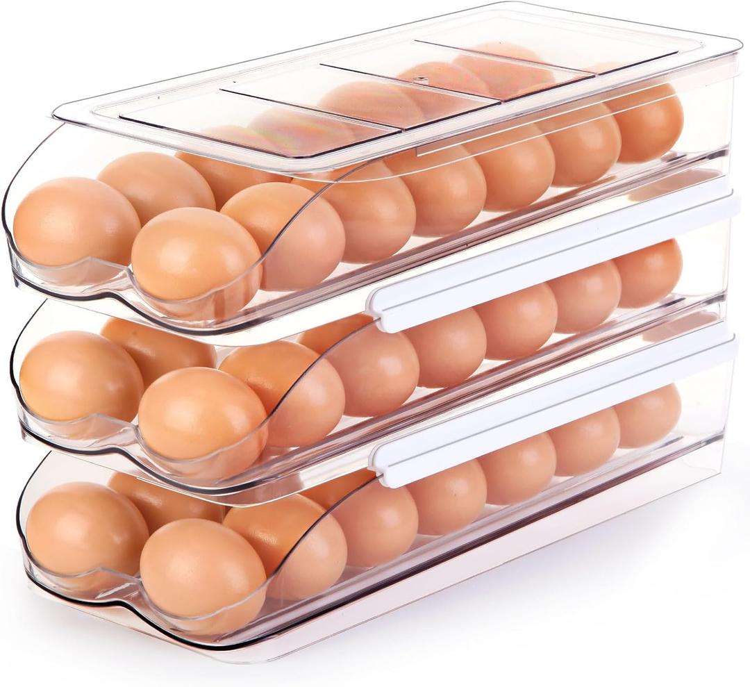 Egg Holder for Fridge, Automatically Rolling Egg Container for Refrigerator, Clear Plastic Fridge Organizers and Storage with Lid, Stackable Egg Dispenser & Tray (3 Tier)
