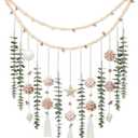 Artificial Eucalyptus Wall Decor with Seashell Coastal Decor Natural Home Decorations Hanging Wooden Bead Garland for Large Bedroom Bathroom Living Room, 32 x 32 Inch