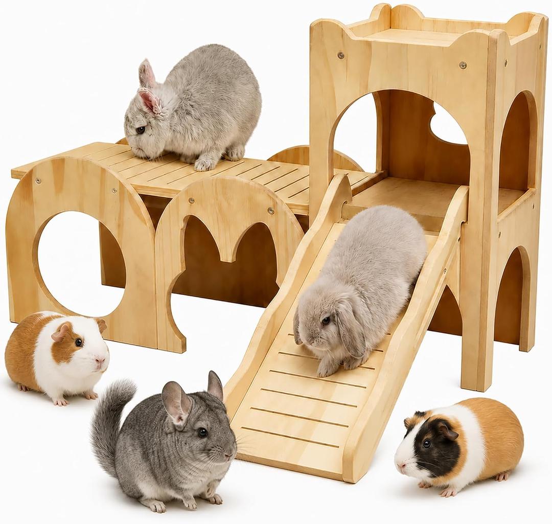 Large Bunny Hideout Wooden Bunny House with Ramp Rabbit Castle(Set of 3) | solid wood guinea pig hideout chinchilla house with detachable panels,rabbit hide with ramp hideaways and climbing areas