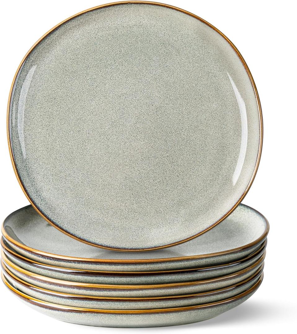 AmorArc Ceramic Dinner Plates Set of 6, 10.5 Inch Handmade Reactive Glaze Stoneware Plates, Rustic Shape Dinnerware Dish Set for Kitchen, Microwave & Dishwasher Safe, Scratch Resistant (Green Wheat)