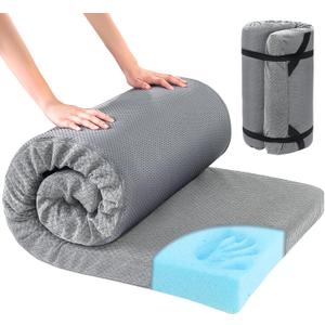 HOMBYS Memory Foam Camping Mattress Pad,Portable Sleeping Pad for Adult,Waterproof Cot Mattress,Roll Up Floor Mattress,Foldable Backpacking Travel Bed for Hiking,Guest Bed (Light Grey)